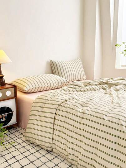 3pcs 100% Polyester Back To School Nordic Minimalist Striped Duvet Set 2 Pillowcases + 1 Duvet Cover Set Combination (No Bed Sheet)