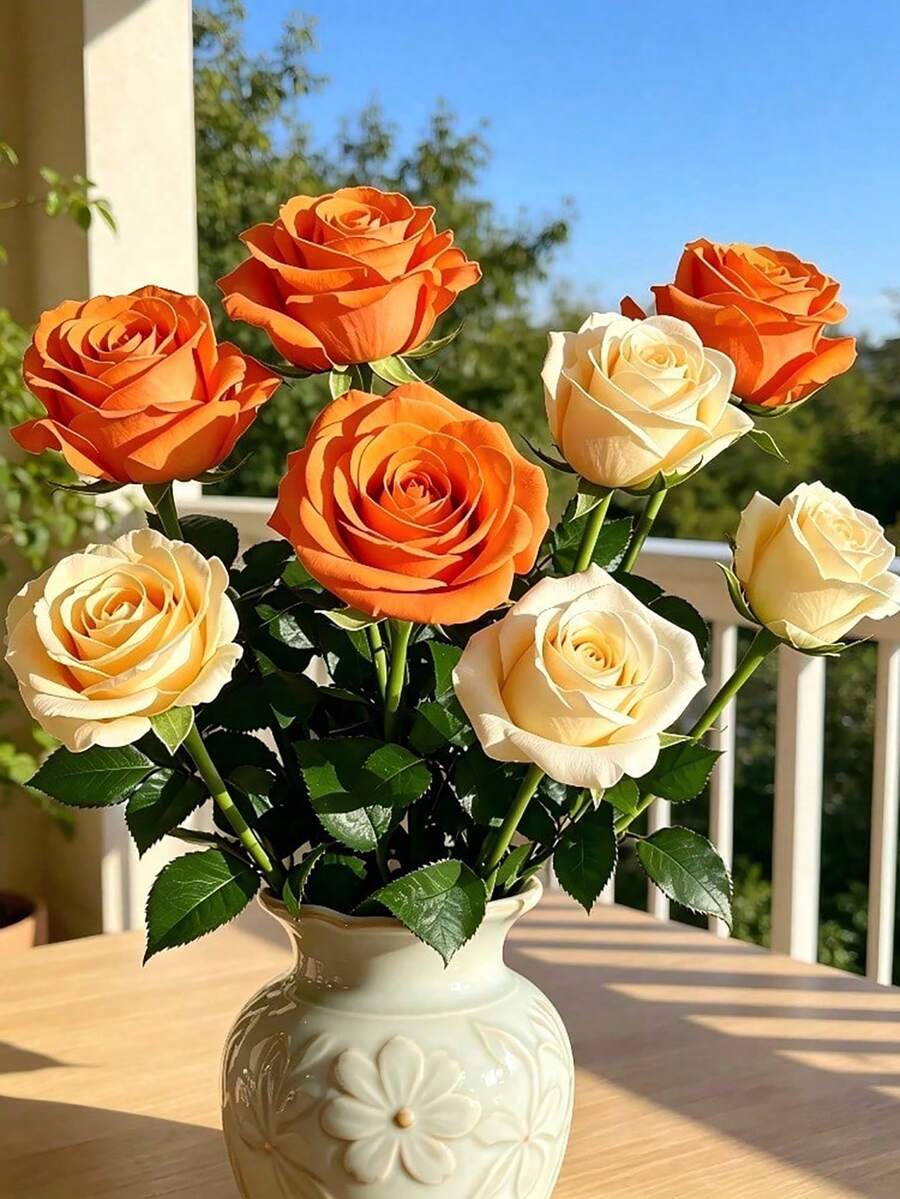 14pcs Multicolor Autumn Artificial Roses, Champagne & Orange Long Stem Roses, Realistic Artificial Rose Bouquet, Thanksgiving Christmas DIY Wedding Home Party Office Decoration - Multicolor - View 1