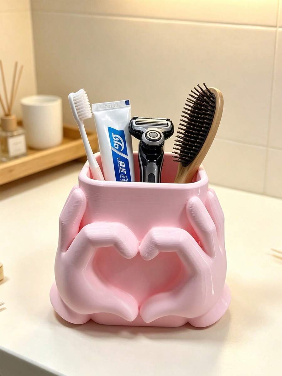 Cute Heart Hand Shaped Toothbrush Holder, Multipurpose Bathroom Counter Storage Organizer, Toothpaste Razor Comb Storage Cup, Aesthetic Bathroom Vanity Decor, Home Table Decor Gift - Multicolor - View 1