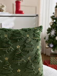1pc Christmas Green Artificial Fur Christmas Tree Embroidered Pillow Case, Suitable For Indoor Decoration, Christmas Decoration, All Season Pillow Case, Without Insert - Green - View 6