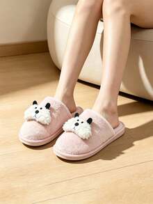 Women's Cute Cartoon Dog Plush House Slippers, Warm Indoor Slippers, Cozy Winter Slip-On Home Slippers - Style a - Pink - View 3