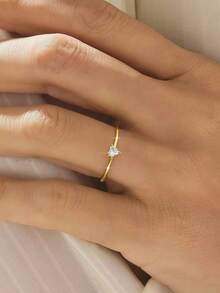 1 pieza Anillo de oro de 18K chapado en acero inoxidable para mujer, con piedra de circonita en forma de corazón, joyería resistente al agua, estilo Ins, joyería para mujer, regalo exquisito, anillo con piedra preciosa, regalo del Día de San Valentín, anillo elegante - Dorado - Ver 7