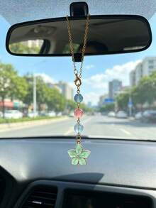 Pink Cherry Blossom Colorful Bead Car Hanging Ornament, Colorful Round Bead Chain Car Rearview Mirror Pendant, Sweet Cherry Blossom Design Car Rearview Mirror Hanging Decoration, Highly Attractive Women's Car Interior, Holiday Gift - Flowers - View 7