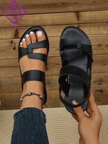 Women's Loose Fit Elastic Back Strap Sandals, Fashion Wide Toe Box For Wide Feet, Versatile Outdoor Minimalist Beach Casual Flat Sandals - Black - View 1