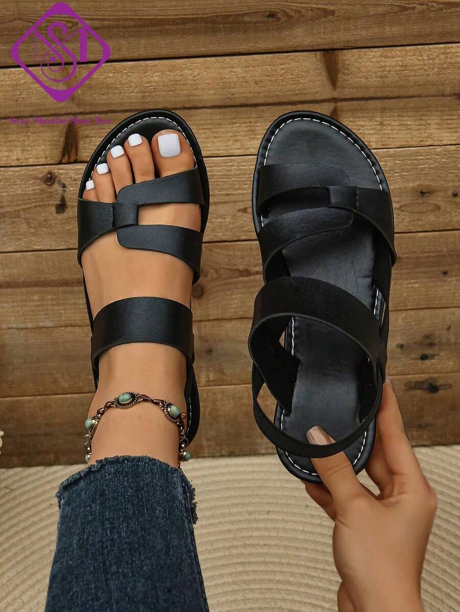 Women's Loose Fit Elastic Back Strap Sandals, Fashion Wide Toe Box For Wide Feet, Versatile Outdoor Minimalist Beach Casual Flat Sandals - Black - View 1