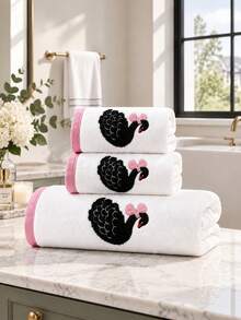 1pc/3pcs Elegant Swan Coral Fleece Bathroom Towel Set, Soft Absorbent Lint-Free, Unisex Home Use, Luxury Bathroom Essential - White - View 2