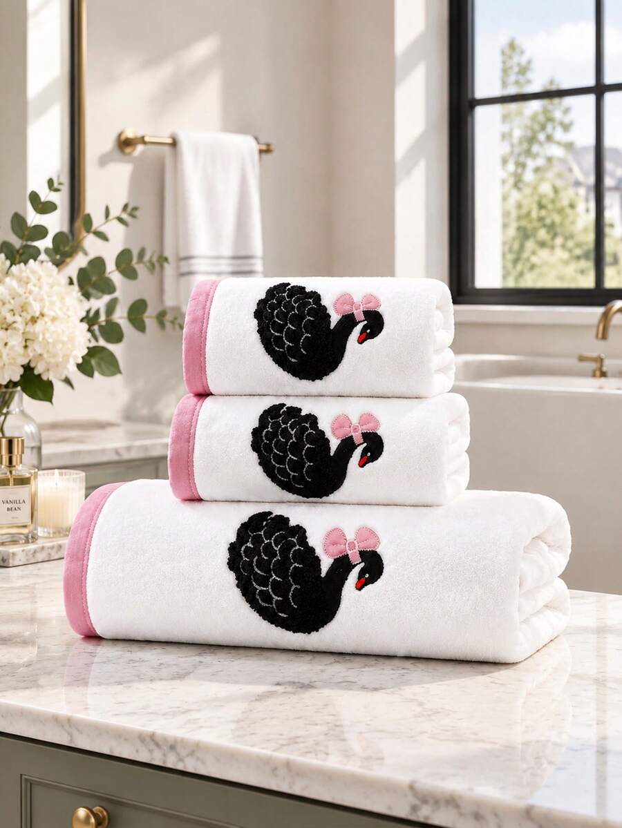 1pc/3pcs Elegant Swan Coral Fleece Bathroom Towel Set, Soft Absorbent Lint-Free, Unisex Home Use, Luxury Bathroom Essential - White - View 1