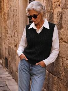 NZZOF V-Neck Versatile Knit Sleeveless Sweater Vest, Solid Color Casual Autumn/Winter Knit Vest (No Lining) - Black - View 6