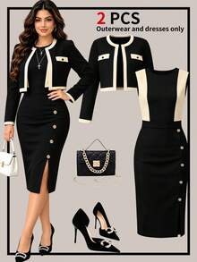 Women's Elegant 2-Piece Set, Including Cropped Cardigan Jacket And Sleeveless Button-Decorated Midi Dress, Fashionable And Elegant. - Black - View 1