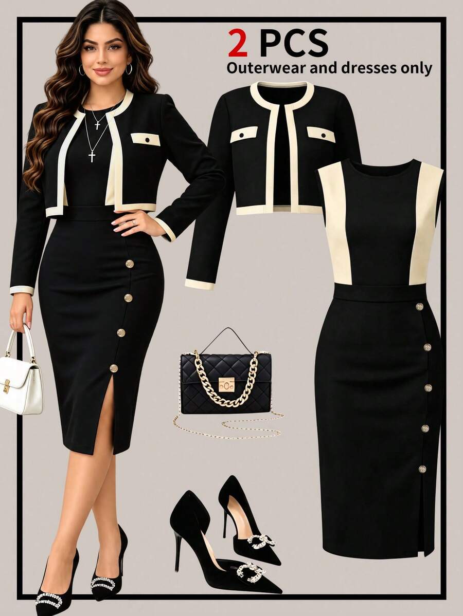 Women's Elegant 2-Piece Set, Including Cropped Cardigan Jacket And Sleeveless Button-Decorated Midi Dress, Fashionable And Elegant. - Black - View 1