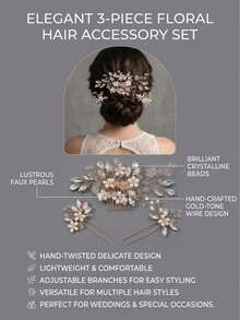 3pcs Elegant Faux Pearl Transparent Beaded Flower Hair Comb & Hair Stick Set, Handmade Woven Alloy Updo Hair Accessories For Wedding, Party, Bride - Gold - View 8