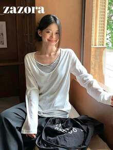 Striped 2 In 1 Long Sleeve T-Shirt, Korean Style Lazy Loose Casual Top, Autumn Clothing - White - View 3