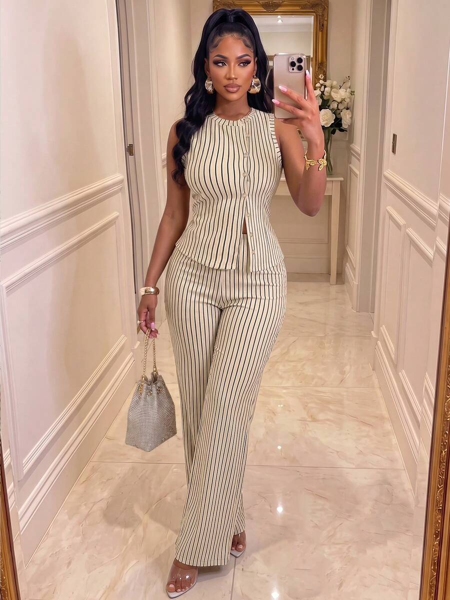 Women's Casual Sexy Sleeveless Button-Up Top + Wide Leg Pants 2 Pieces Set, Medium Stretch Fabric - Apricot Bottom Black Stripes - View 1