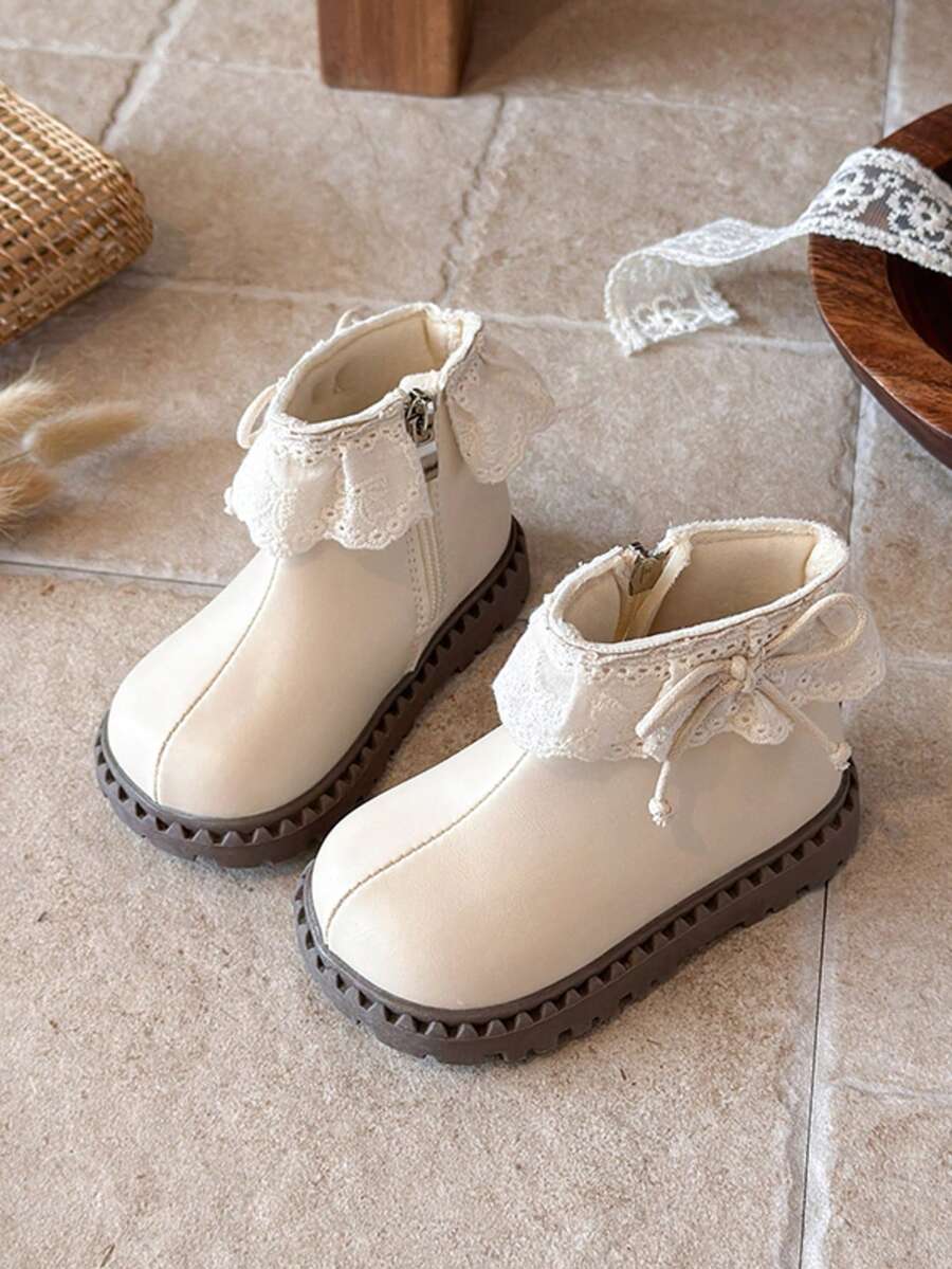 1 Pair Girls' New Lace Decor Comfortable Versatile Sweet Cute Non-Slip Short Boots - Beige - View 1