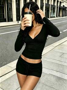Women's Solid Color Short Long Sleeve Top & Leggings 2 Pieces Set - Black - View 7
