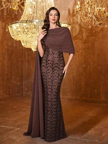 UNITHORSE Random Cut Round Neck Flared Waist Sequin Evening Gown Dress - Coffee Brown - View 4
