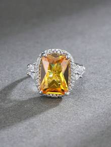 1pc Luxury High-End Copper Material Rectangular Cushion Shaped Colorful Gemstone Ring, Women's Evening Party Wedding Dress Accessory - Multicolor - View 6