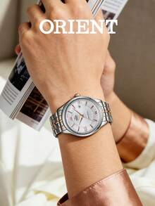 Men's ORIENT Two‑Tone Automatic Mechanical Watch Textured Silver Dial Roman Numeral Indices Date Display Stainless Steel Bracelet Business Dress Watch - SAC04001W0 - View 2
