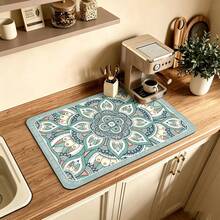 [New Thickened]Kitchen Dish Drying Mat, Table Mat, Absorbent Mat, Countertop Dish Mat, No-Wash Table Mat, Bowl & Plate Drying Mat, 3.6mm Thickness - Blue Vintage Floral Pattern - View 1