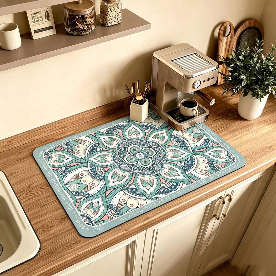 [New Thickened]Kitchen Dish Drying Mat, Table Mat, Absorbent Mat, Countertop Dish Mat, No-Wash Table Mat, Bowl & Plate Drying Mat, 3.6mm Thickness - Blue Vintage Floral Pattern - View 1