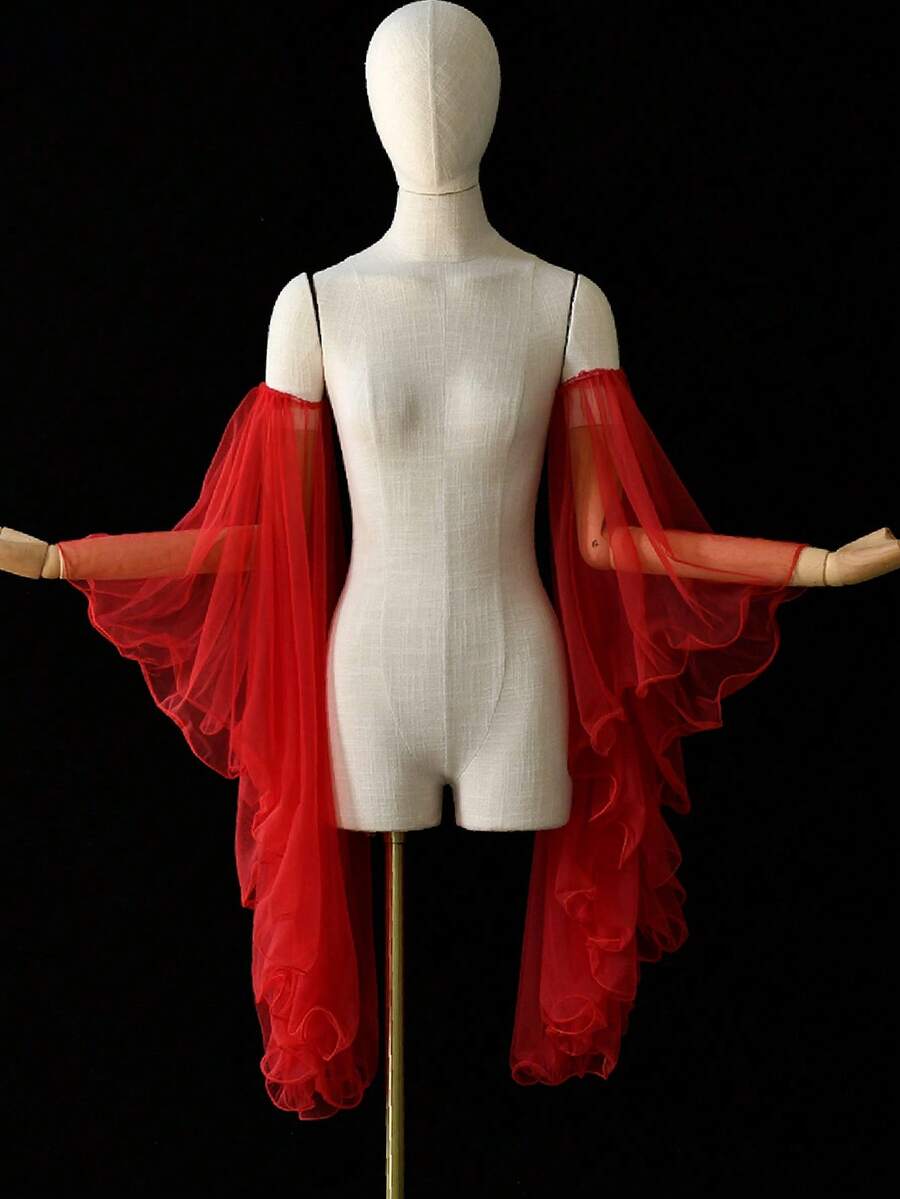 2pcs Red Wood Ear Trim Bride Sleeve Covers, Suitable For Wedding, Party And Travel Photography, Halloween Costume Dress Up