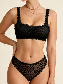 Lilivine 1 Set European And American Sexy Leopard Print Lace Patchwork Camisole & Thong Lingerie Set For Women - Black - View 3