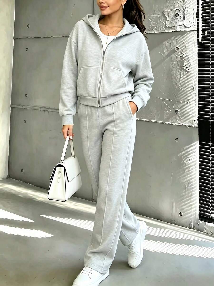 Plus Size Women Loose Comfortable Casual White Sports Fleece 2 Pieces Set, Including Zip-Up Hoodie Sweatshirt Jacket And Straight Leg Pants, Suitable For Daily Warm Wear - Light Grey - View 1