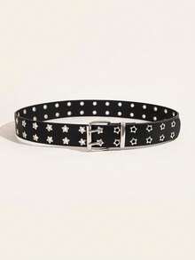 1pc Women's Autumn/Winter Velvet Double-Row Star Eyelet Punk Style Belt - Black - View 2