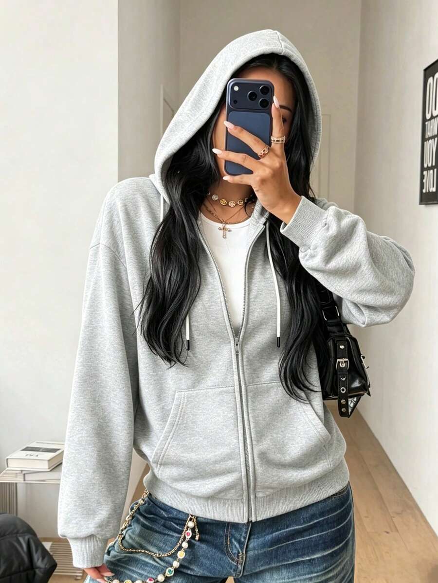 Hot Girl Hooded Drawstring Zip-Up Loose Drop Shoulder Long Sleeve Fleece Sweatshirt, American Vintage Casual Sweatshirt, Beach, Street, Daily, Commute, Spring/Autumn Versatile Top - Grey - View 1