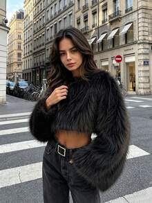 DEEKA Autumn/Winter New Women's European And American Style Fashion Minimalist Versatile Faux Fur Effect Sweatshirt - Black - View 3