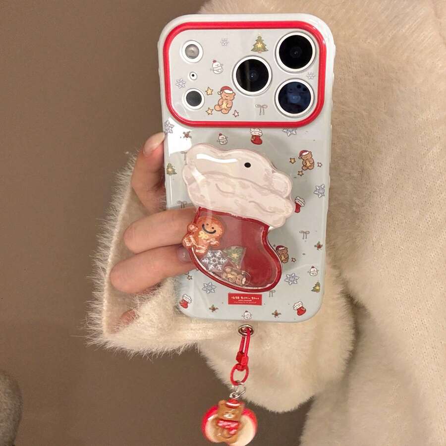 Christmas Stocking Shaker Phone Grip Holder, Cute Gingerbread Man Christmas Tree Phone Socket Stand, Aesthetic Kawaii Holiday Phone Back Decor Accessory - Multicolor - View 1