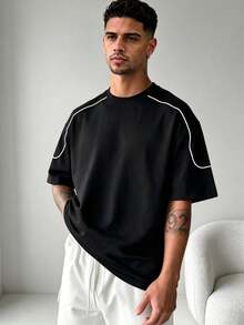 ZYNTH BALENO Men's Summer Fashion Contrast Color Loose Drop Shoulder Crew Neck Short Sleeve T-Shirt, Essential For Summer Sports Black - Black - View 2