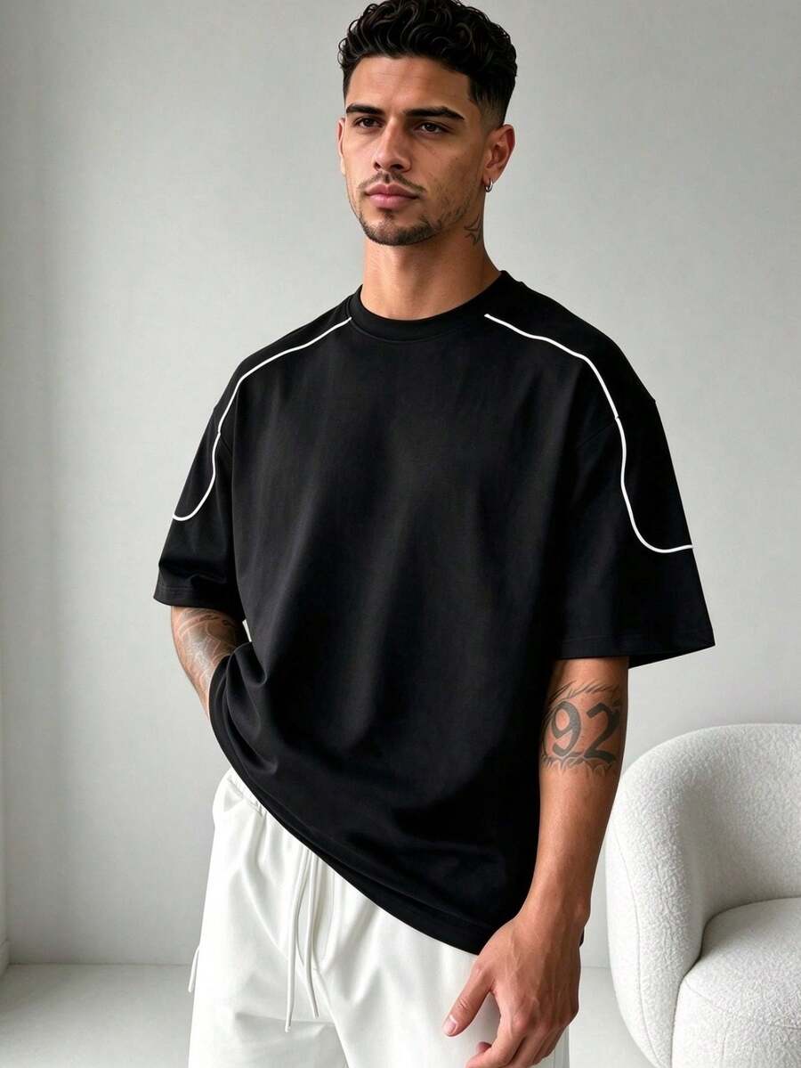ZYNTH BALENO Men's Summer Fashion Contrast Color Loose Drop Shoulder Crew Neck Short Sleeve T-Shirt, Essential For Summer Sports Black