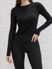 Women's Ribbed Crew Neck Long Sleeve Top, Slim Fit Elastic Basic T-Shirt, Soft Comfortable Solid Color Casual Layering Inner Shirt - Black - View 7