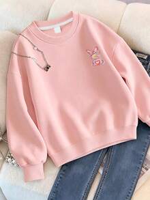 Big Girls' Casual Sweatshirt, Fashionable Rainbow Rabbit Bow Pattern Long Sleeve Top, Suitable For Spring And Autumn - Pink - View 2