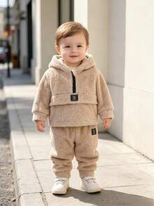 Boys' Plush Hooded Set, Long Sleeve Hoodie + Pants 2 Pieces Set - Apricot - View 1