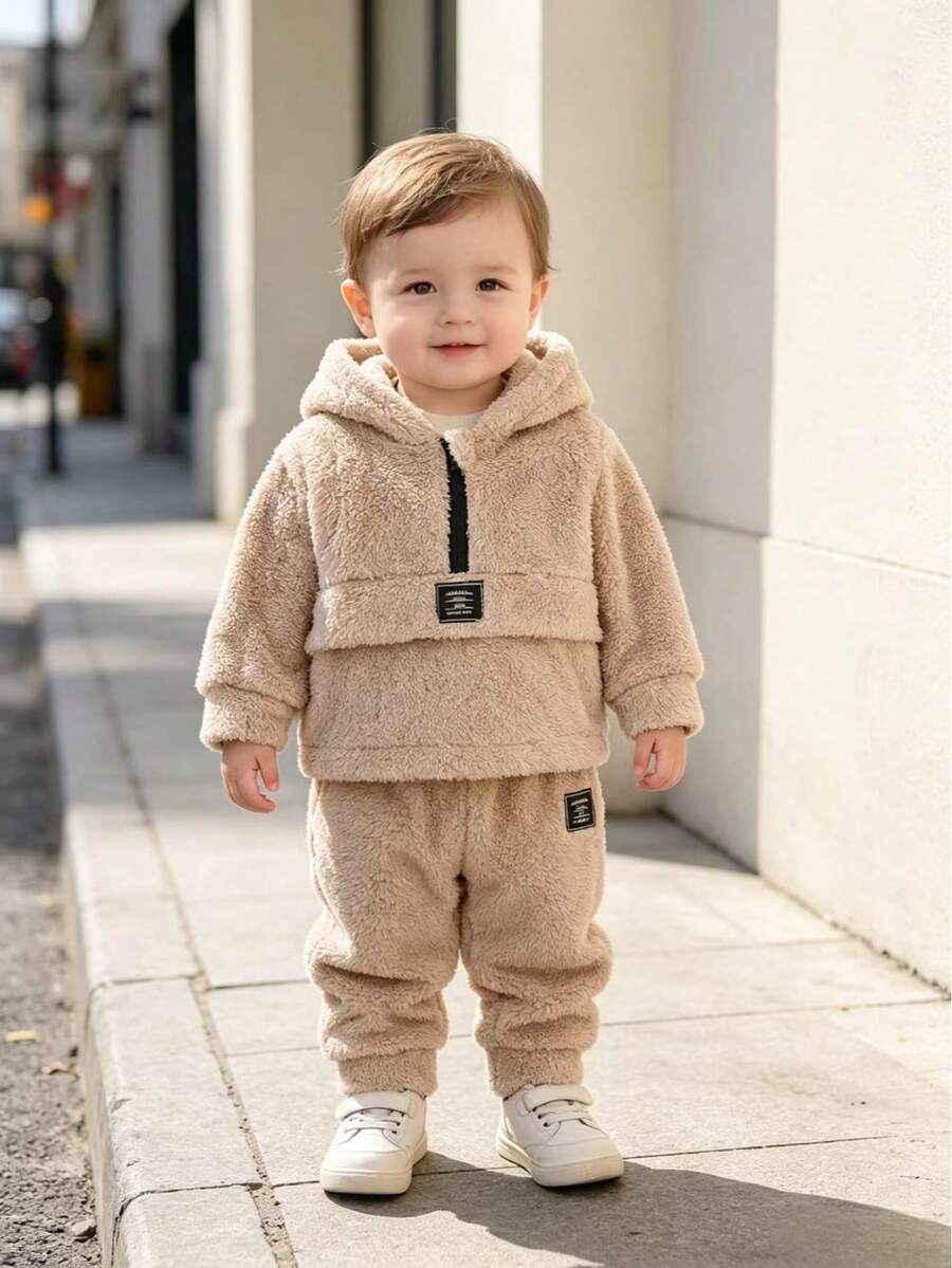 Boys' Plush Hooded Set, Long Sleeve Hoodie + Pants 2 Pieces Set - Apricot - View 1