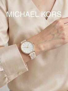 MICHAEL KORS MK1037 Pyper Series Women's Quartz Watch Gold Case With Diamond Bezel White Dial  Logo Print Strap Two-Hand Minimalist Luxury Women's Watch - White - View 4