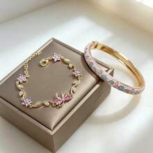 2pcs/1pc Vintage Palace Enamel Style Colorful Glazed Bracelet Set With Rhinestone Floral Chain, Light French Atmosphere Butterfly Jewelry, Campus Outfit, Afternoon Tea, Banquet Versatile Accessory - Gold - View 6