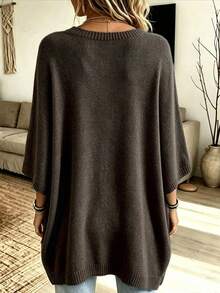Sweater Pullover Wanita Ukuran Besar, Lengan Kelelawar Warna Polos, Belahan Bawah, Atasan Rajut Leher Bulat Kasual Longgar, Musim Semi Musim Gugur Musim Dingin - Coklat - View 4