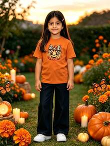 Playera de manga corta para niña, estampado de calabaza con lazo de leopardo, ropa casual para fiesta de Halloween - Naranja - Ver 5
