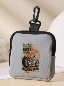 1pc Motorcycle Axe Print Grey Mini Coin Purse, Zipper Closure Small Pouch With Swivel Hook For Earphones Coins Keys Small Items, Can Hang On Backpack - Grey - View 10