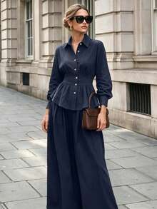 Women's Spring/Autumn French Elegant Lapel Front Button Ruffle Hem Long Sleeve Top And Wide Leg Pants 2 Pieces Set - Royal Blue - View 4