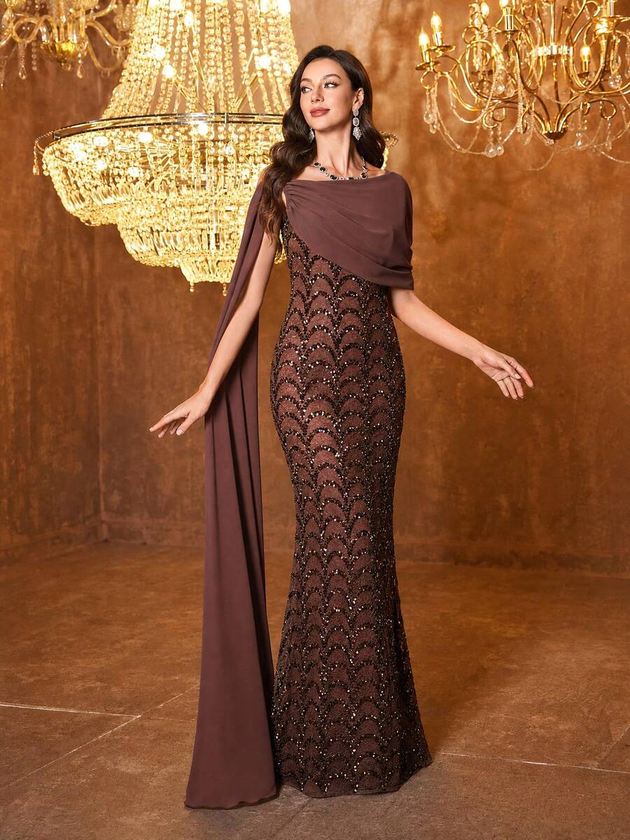 UNITHORSE Random Cut Round Neck Flared Waist Sequin Evening Gown Dress - Coffee Brown - View 1