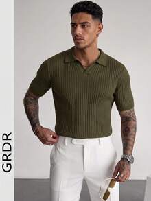 GRDR Men's Summer Solid Color Polo Collar Short Sleeve Knit Sweater, Suitable For Summer Outings, Essential For Fashionable Styling - Army Green - View 3