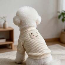 1PC Waffle Knit Dog T-Shirt, Cute Bear Patch Half High Collar Pet Short Sleeve Shirt, Soft Stretchy Daily Clothes For Small Dogs Bichon Maltese Poodle - Apricot - View 6