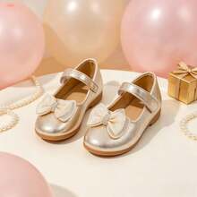 Girls' Shiny Gold Mary Jane Princess Shoes, Rhinestone Heart Decor Bow Hook And Loop Strap Low Heel Soft Sole Shoes, School Party Performance Dress Shoes - Gold - View 3