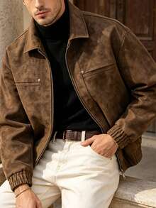 Men's Vintage Brown Faux Suede Jacket, Lapel Zipper Flight Jacket, Elastic Hem & Cuffs Casual Streetwear Outerwear - Coffee Brown - View 10