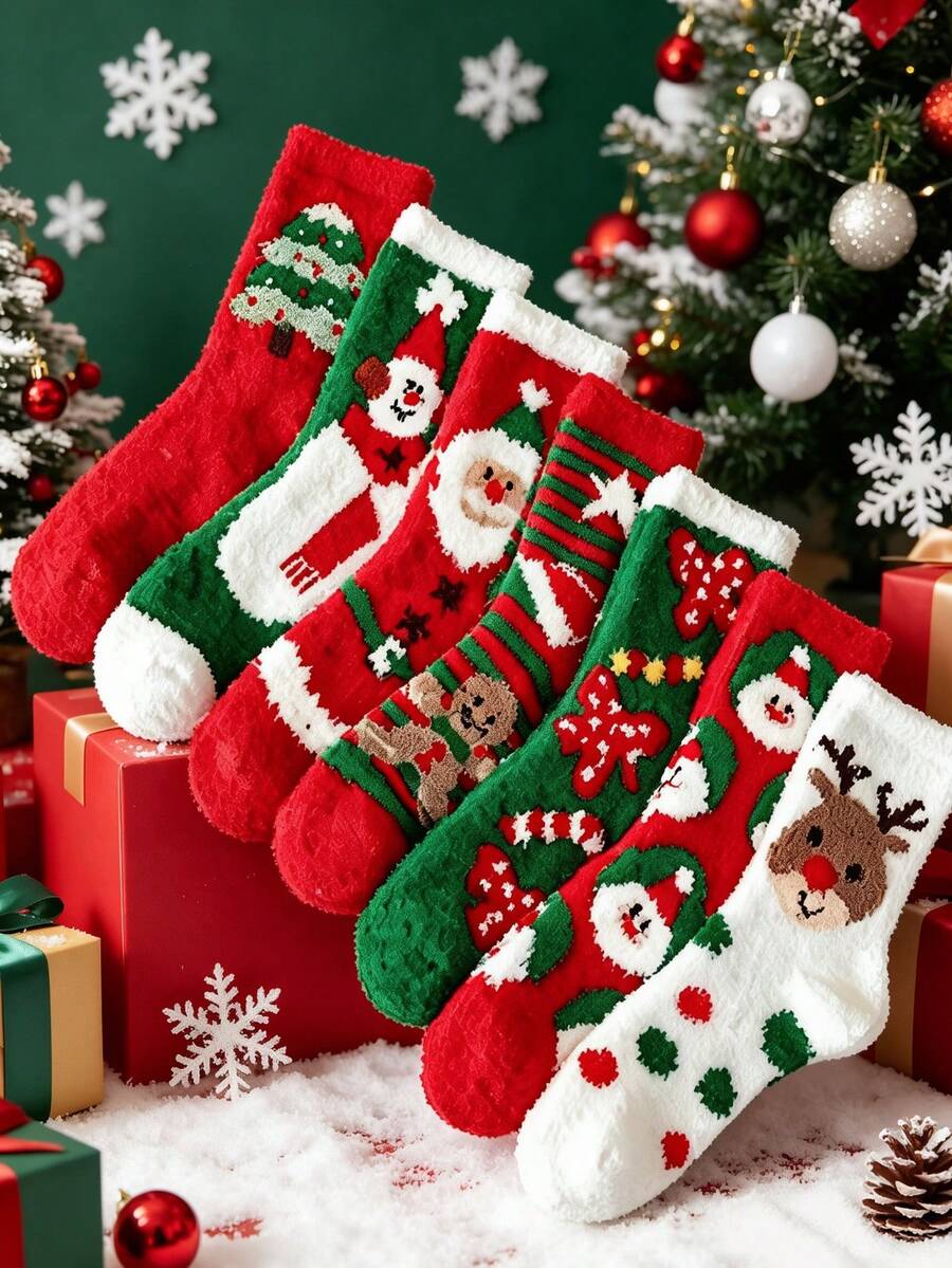 7 Pairs Women's Winter Christmas Socks, Soft Coral Fleece Warm Thickened Floor Socks, Cute Santa Claus Elk Plush Fuzzy Holiday Socks - Multicolor - View 1