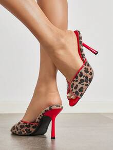 Women's Sexy Leopard Print Open Toe Mule High Heel Sandals Slip-On Outdoor Wear Spring Summer New Minimalist High Heel Slides, Red High Heels - Red - View 5